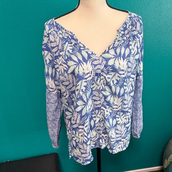 Sigrid Olsen 100% Linen Blue Botanical Long Sleeve Peasant Blouse Women's Large - Picture 8 of 10